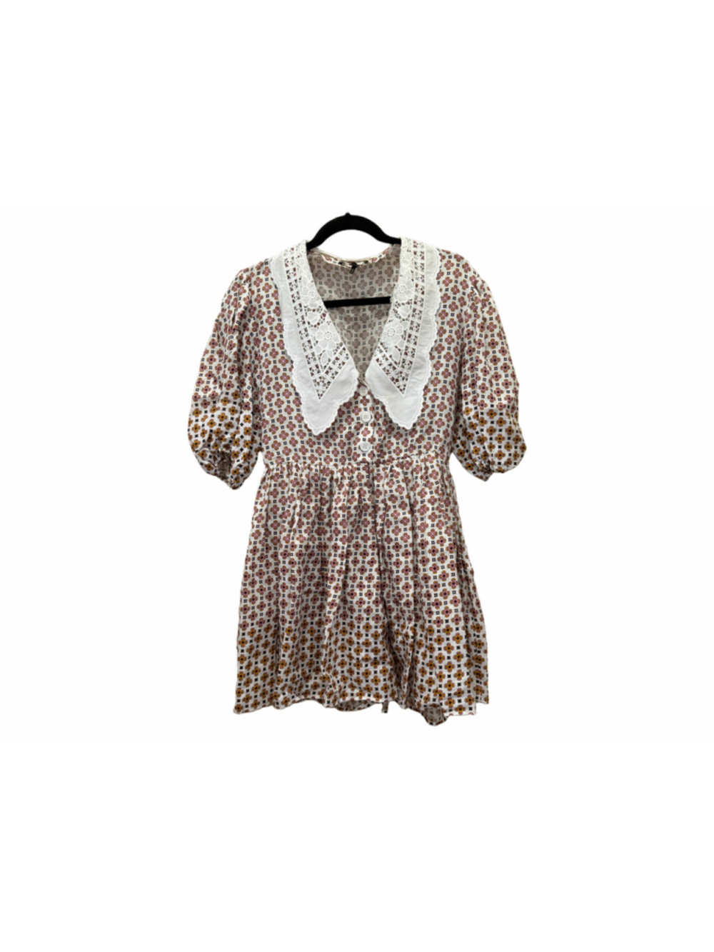 Maje Printed Mini Dress Lace Collar Puff Sleeve Size 36 Multicolor